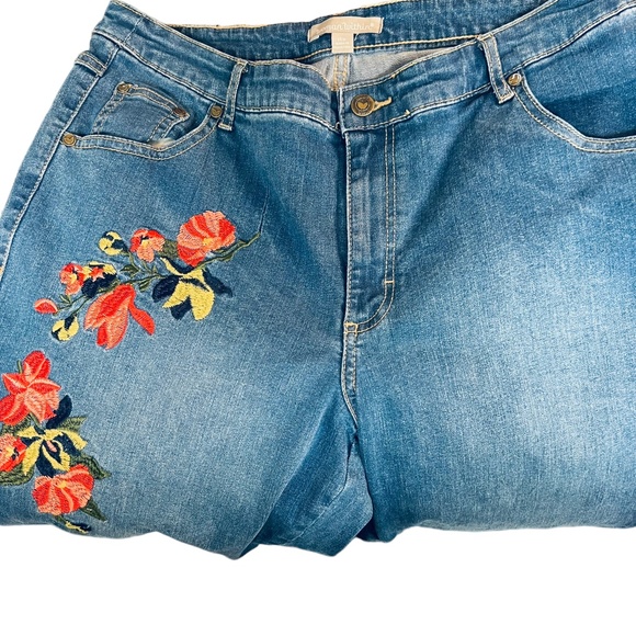 Woman Within Floral Embroidered Straight Leg Cotton Jeans Plus  Size: 14W - Picture 4 of 11